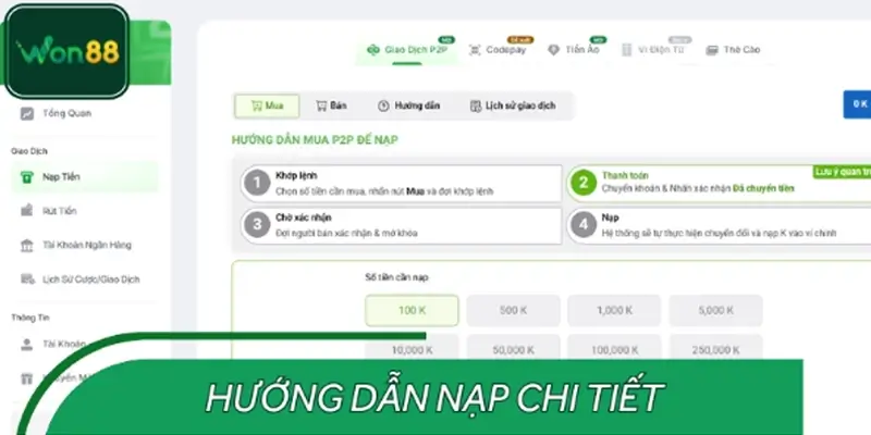 Hướng dẫn các bước nạp tiền WON88 cho người chơi