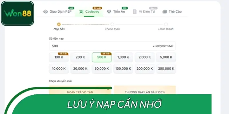 Những lưu ý quan trọng khi thực hiện nạp tiền tại WON88